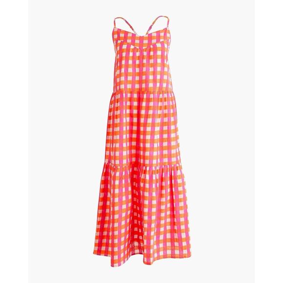 Sarah Zellweger Blockprints x J.Crew tiered Midi-dress Pink Neon gingham S - Picture 1 of 5